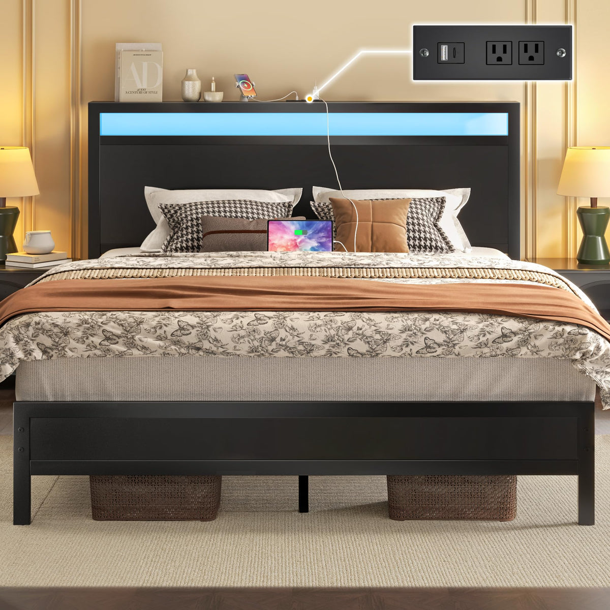 Fluest Bed Frame with Headboard, Metal Platform Bed Frame with High Bookcase Headboard, 4 Storage Drawers & Charging Station & LED, Noise-Free, NO Box Spring Needed