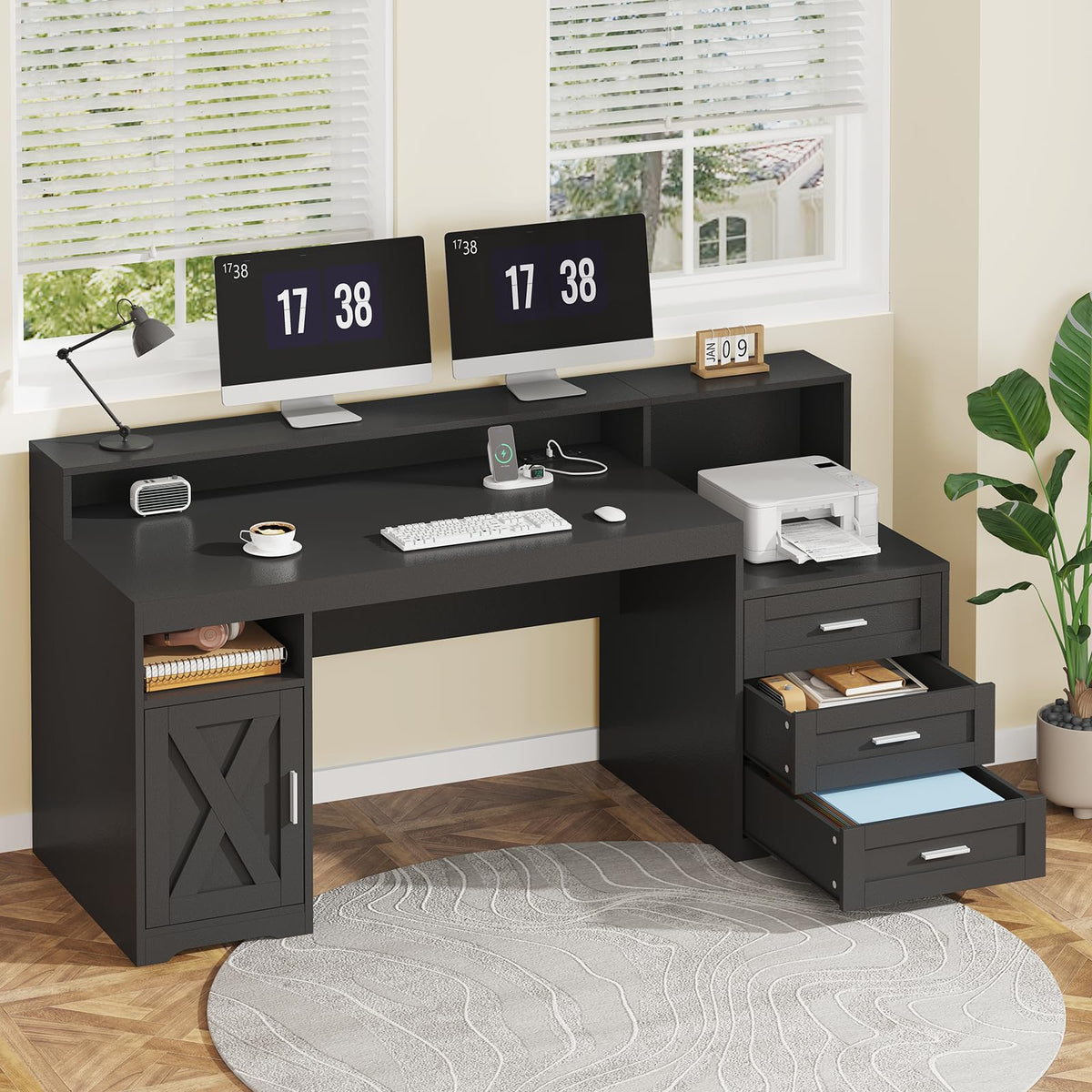 TVU Farmhouse Computer Desk with Drawers, 65'' Home Office Desk with Power Outlets, Storage Cabinet and Printer Stand, Study Writing Desks with Long Monitor Stand, White