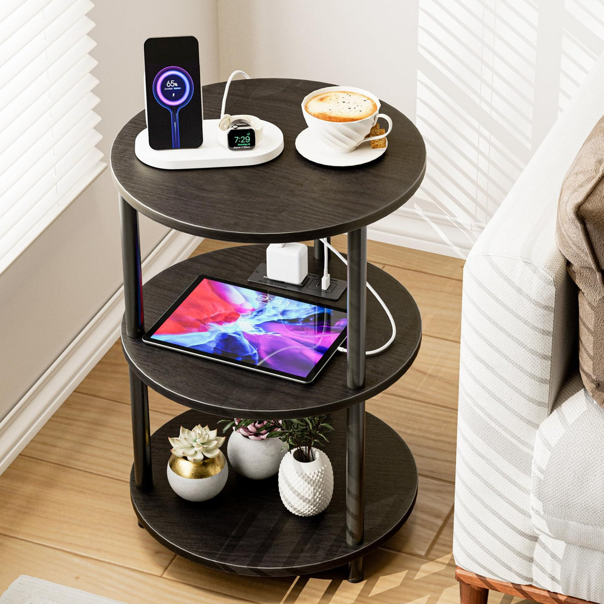 XBurmo Small Round End Table - 3 Tier Design Accent Table, Narrow Side or Bedside Stand, Industrial Vintage Nightstand for Bedroom, Living Room, or Small Spaces