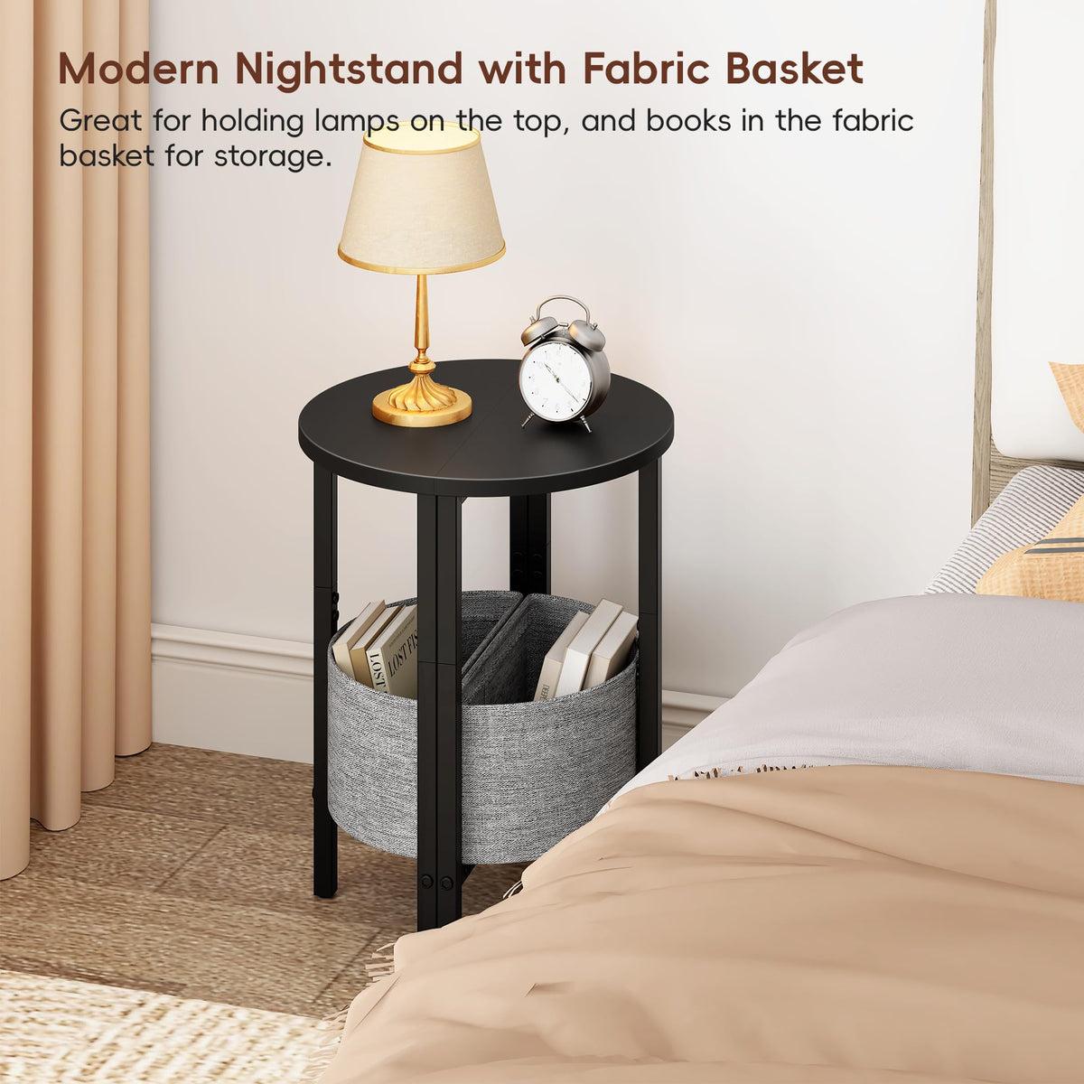VAGUSICC Side Table, Small Round End Table with Fabric Basket, Set of 2 Half Round Side Table Half Moon Tables, Round Accent Coffee Table, Tea Sofa Table Nightstand for Living Room Bedroom Small Space