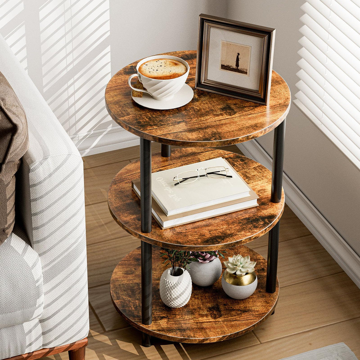 XBurmo Small Round End Table - 3 Tier Design Accent Table, Narrow Side or Bedside Stand, Industrial Vintage Nightstand for Bedroom, Living Room, or Small Spaces