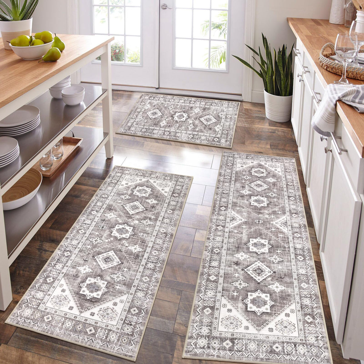 HEBE Boho Non-Slip Washable Kitchen Rugs, 3-Piece Set