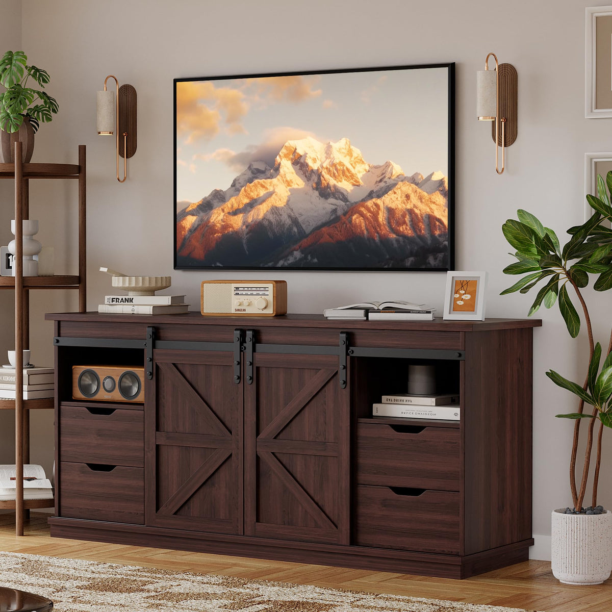 YESHOMY Farmhouse TV Stand for Televisions up to 65 Inch, Wood Entertainment Center with Sliding Barn Doors and 4 Storage Drawers, 58’’ Media Console Cabinet with Shelves for Living Room