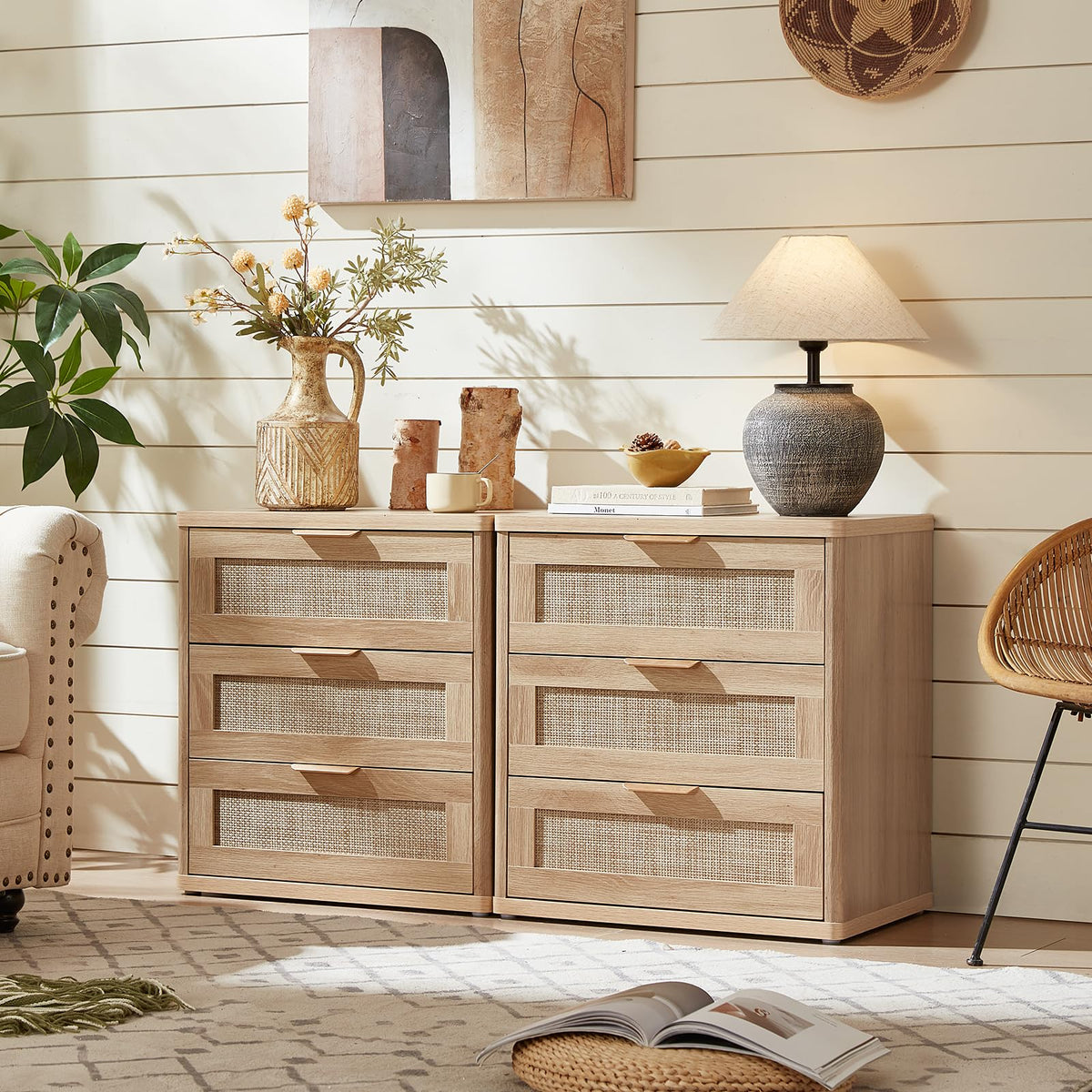LEYAOYAO Rattan Dresser and Nightstand Sets 3 Piece, Natural