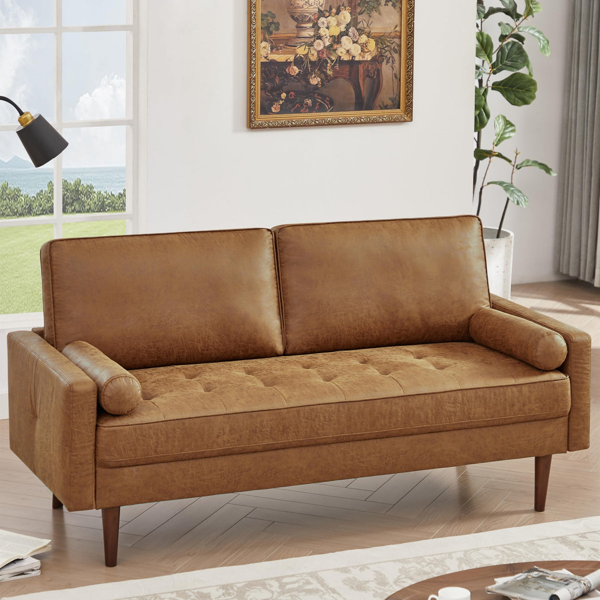 HIFIT 58" Loveseat Sofa Couch, Mid Century Modern Faux Leather Couch, Brown