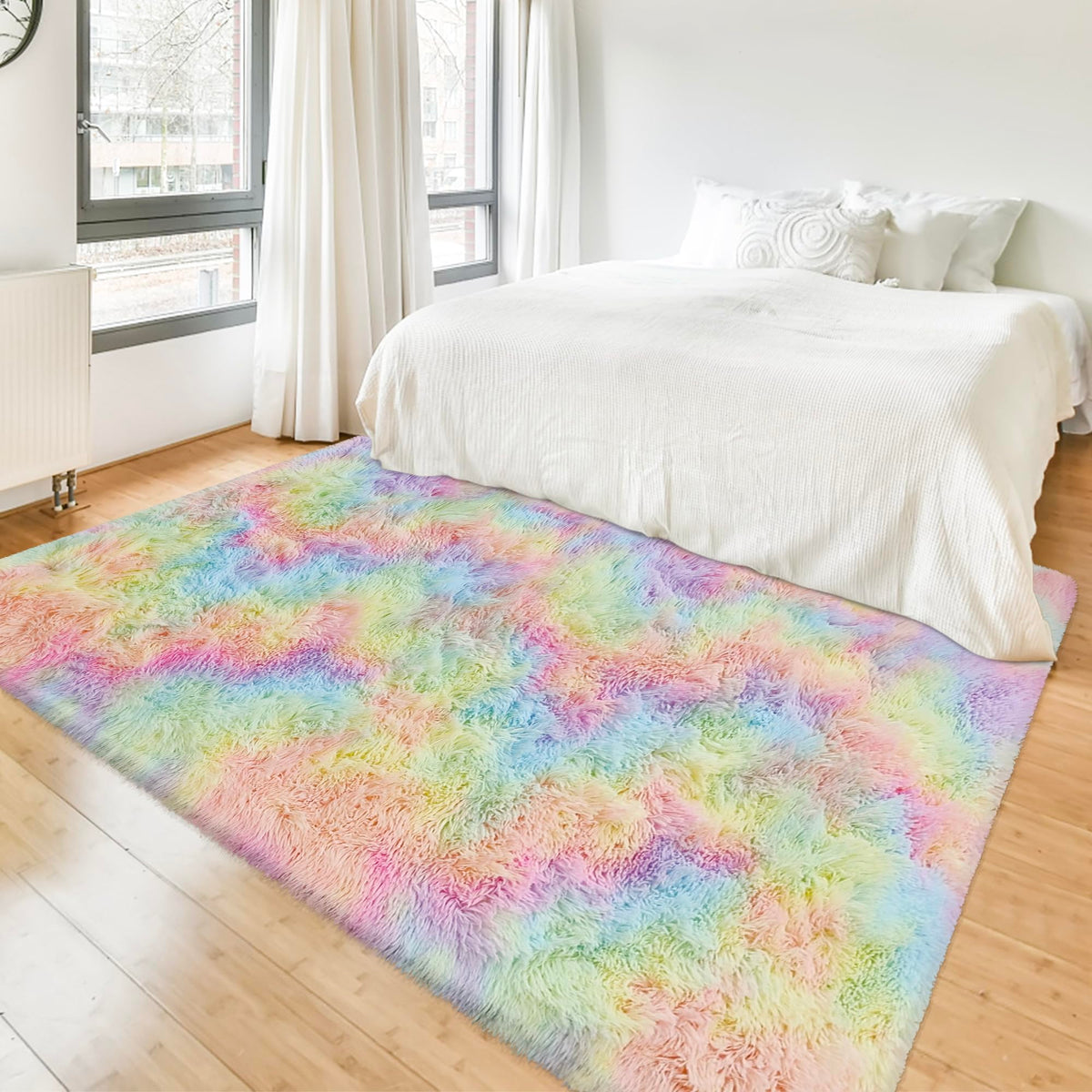 JiaoBaba Rainbow Tie-Dye Fluffy Area Rug for Kids