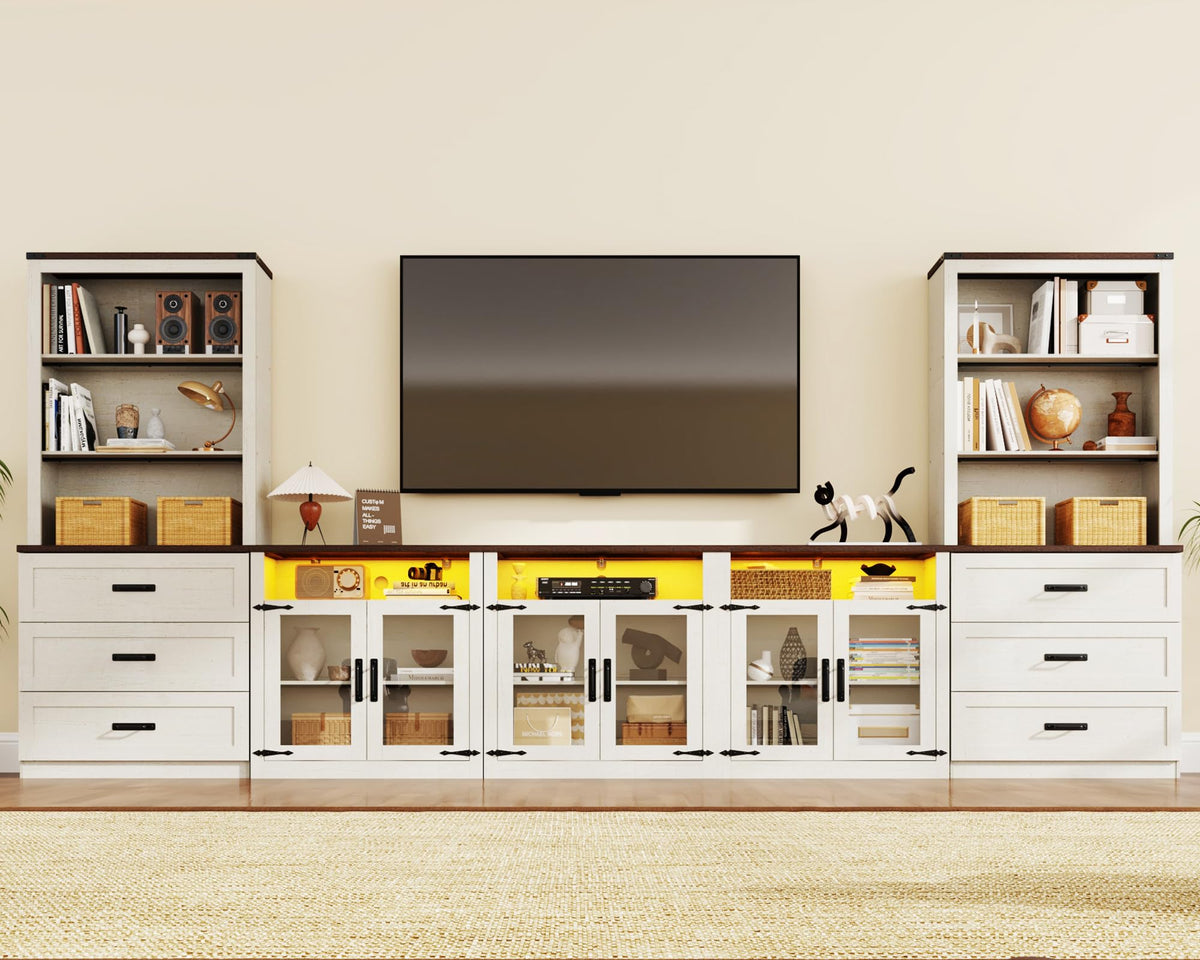 chartustriable 157" Entertainment Center with Bookshelves for TVs up to 100", Farmhouse Wall Unit TV Stand with Doors & Drawer, Media Console Table for Living Room, Bedroom