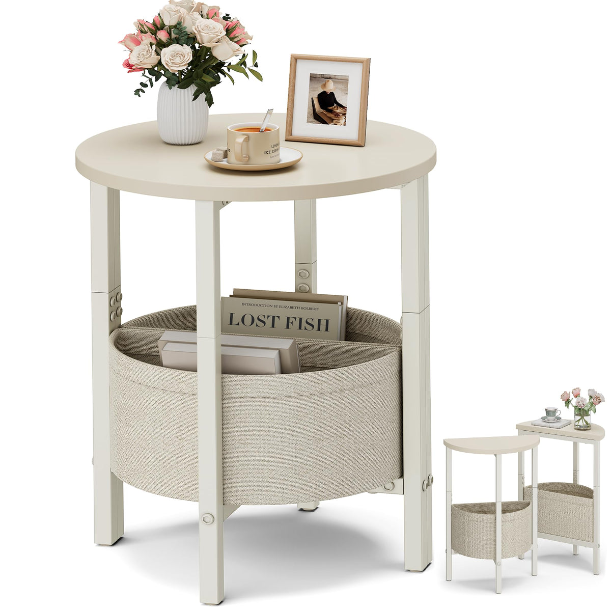 VAGUSICC Side Table, Small Round End Table with Fabric Basket, Set of 2 Half Round Side Table Half Moon Tables, Round Accent Coffee Table, Tea Sofa Table Nightstand for Living Room Bedroom Small Space