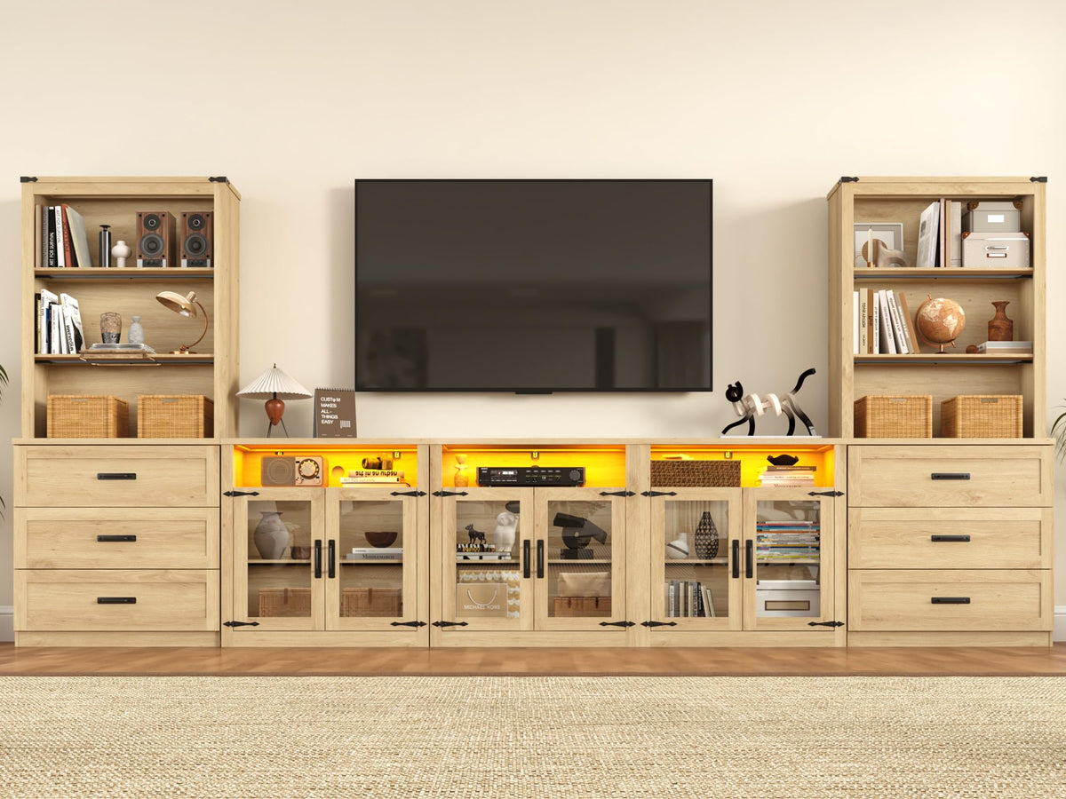 chartustriable 157" Entertainment Center with Bookshelves for TVs up to 100", Farmhouse Wall Unit TV Stand with Doors & Drawer, Media Console Table for Living Room, Bedroom