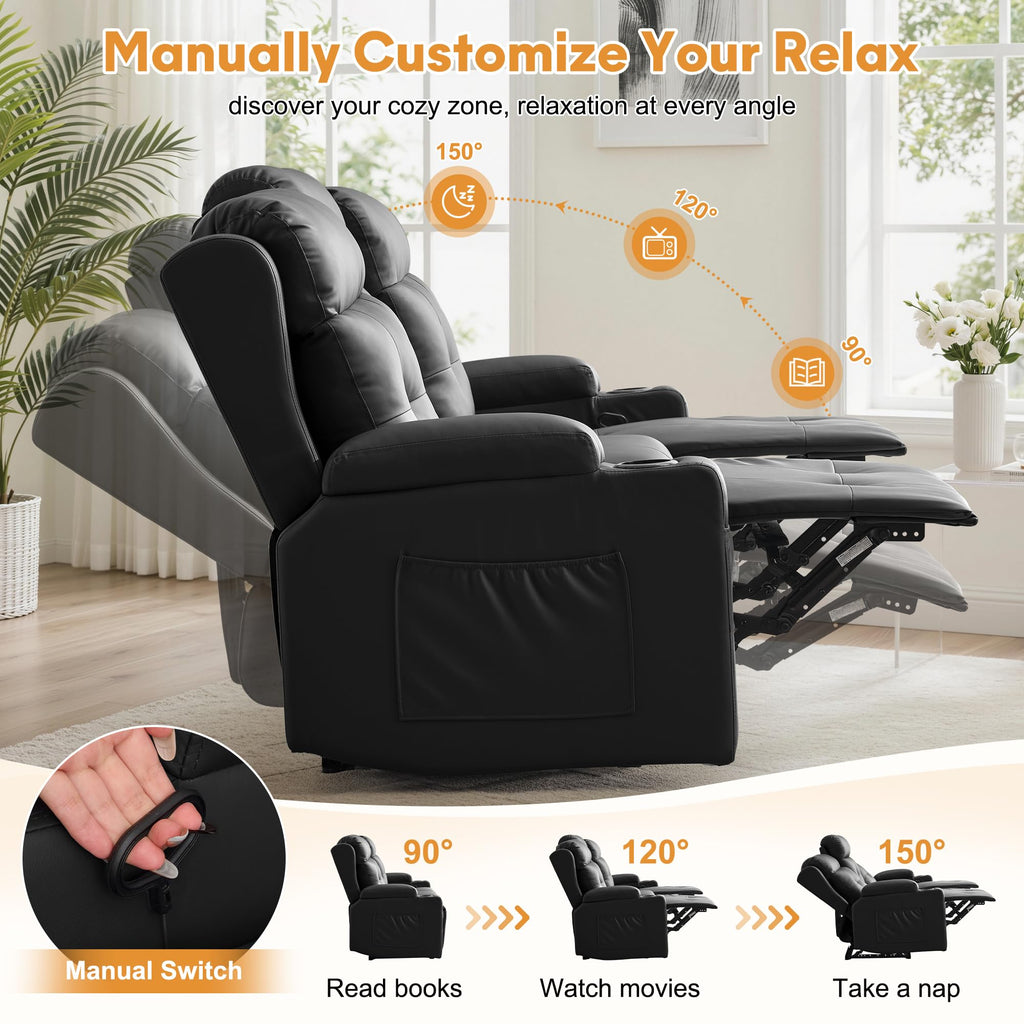 Korser 3-Seater Loveseat Recliner Sofa, Manual Recliner Chair with Flip Back Console, Cup Holder & USB, Home Theater Seating for Family Party, PU Leather