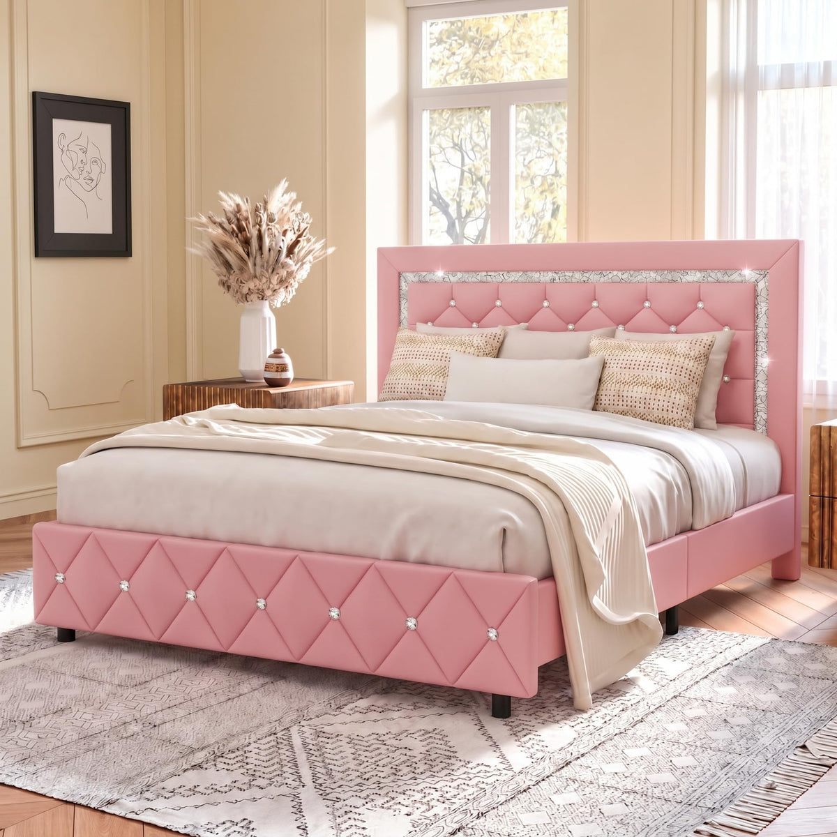 HOMBCK Bed Frame with Diamond Headboard, Faux Leather Upholstered Platform Bed, Mattress Foundation, No Box Spring Needed, Easy Assembly
