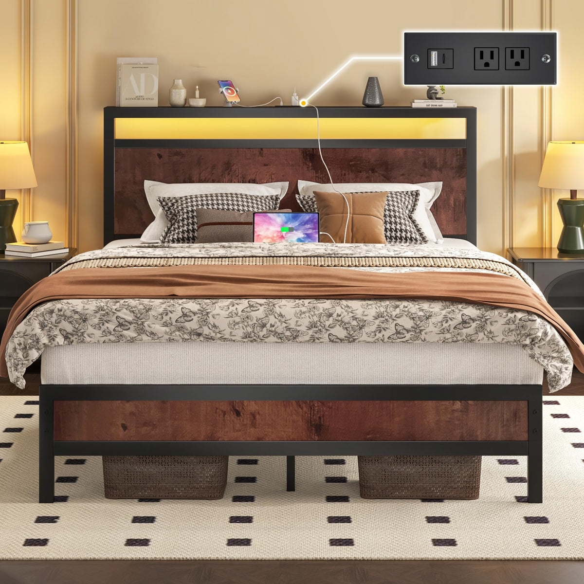 Fluest Bed Frame with Headboard, Metal Platform Bed Frame with High Bookcase Headboard, 4 Storage Drawers & Charging Station & LED, Noise-Free, NO Box Spring Needed