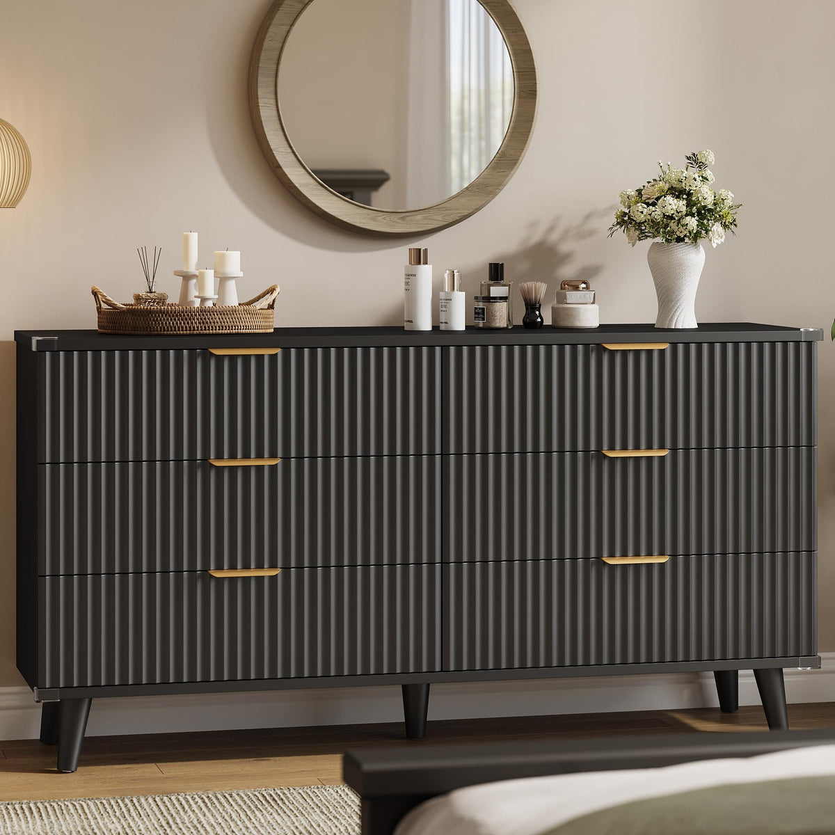 Lulive Wood Black Dresser for Bedroom Fluted Modern Chest of Drawers Storage Organizer