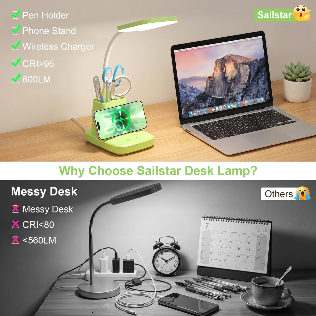 Sailstar Desk Lamp, Wireless Charger Small Desk Lamp, 3 Color Modes