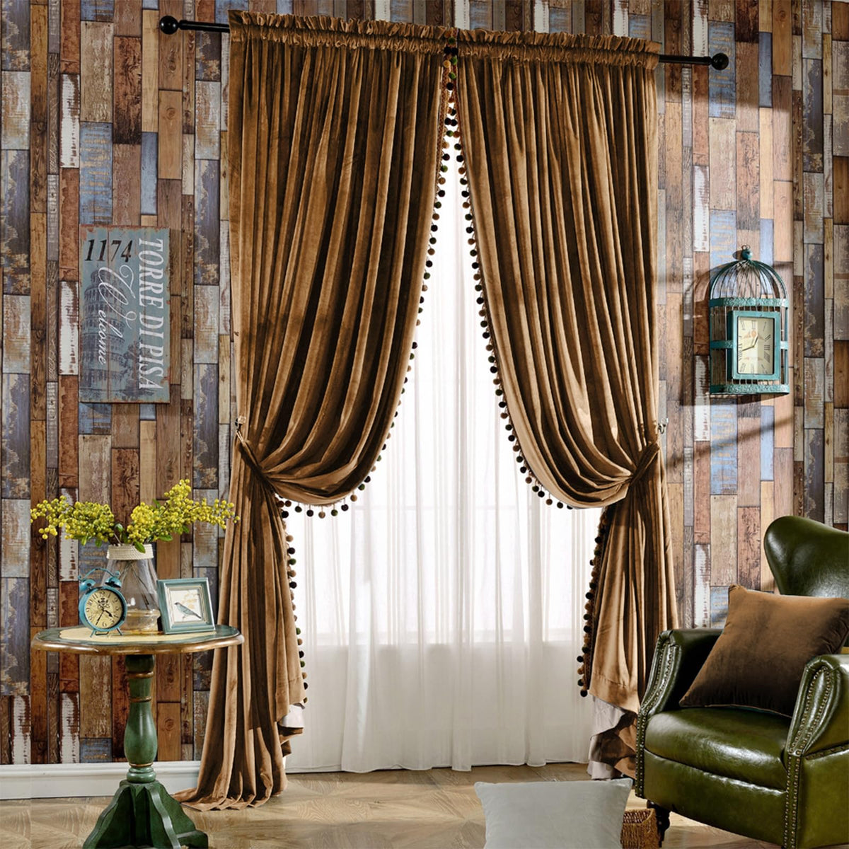 Melodieux Pom Pom Velvet Curtains, 2-Panel Set