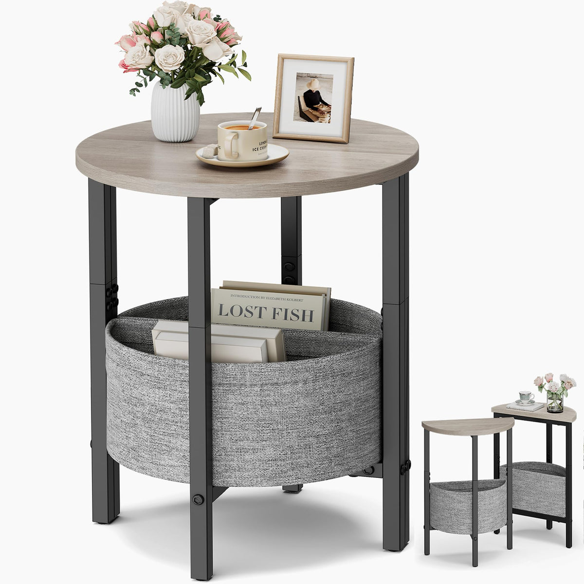 VAGUSICC Side Table, Small Round End Table with Fabric Basket, Set of 2 Half Round Side Table Half Moon Tables, Round Accent Coffee Table, Tea Sofa Table Nightstand for Living Room Bedroom Small Space