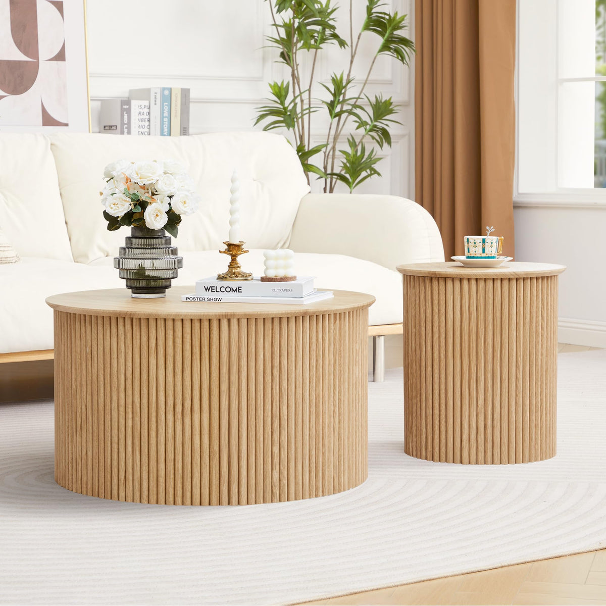 2-Piece Modern Farmhouse Living Room Coffee Table Set, Modern Wood Grain Pattern Natural Wood Finish Side Table and End Table Set for Living Room, Bedroom, Cafe, Office