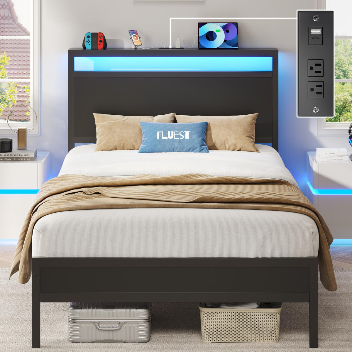Fluest Bed Frame with Headboard, Metal Platform Bed Frame with High Bookcase Headboard, 4 Storage Drawers & Charging Station & LED, Noise-Free, NO Box Spring Needed