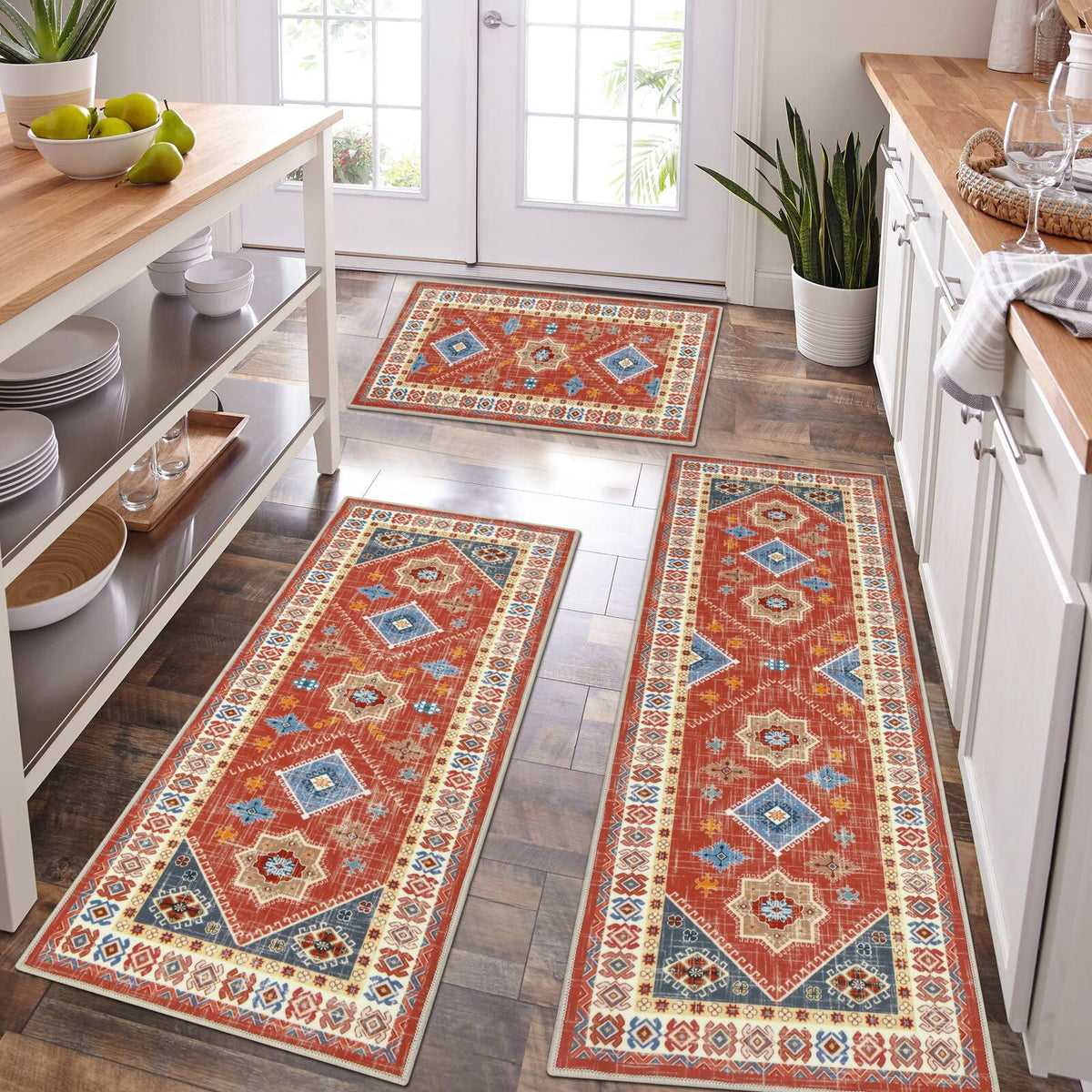 HEBE Boho Non-Slip Washable Kitchen Rugs, 3-Piece Set