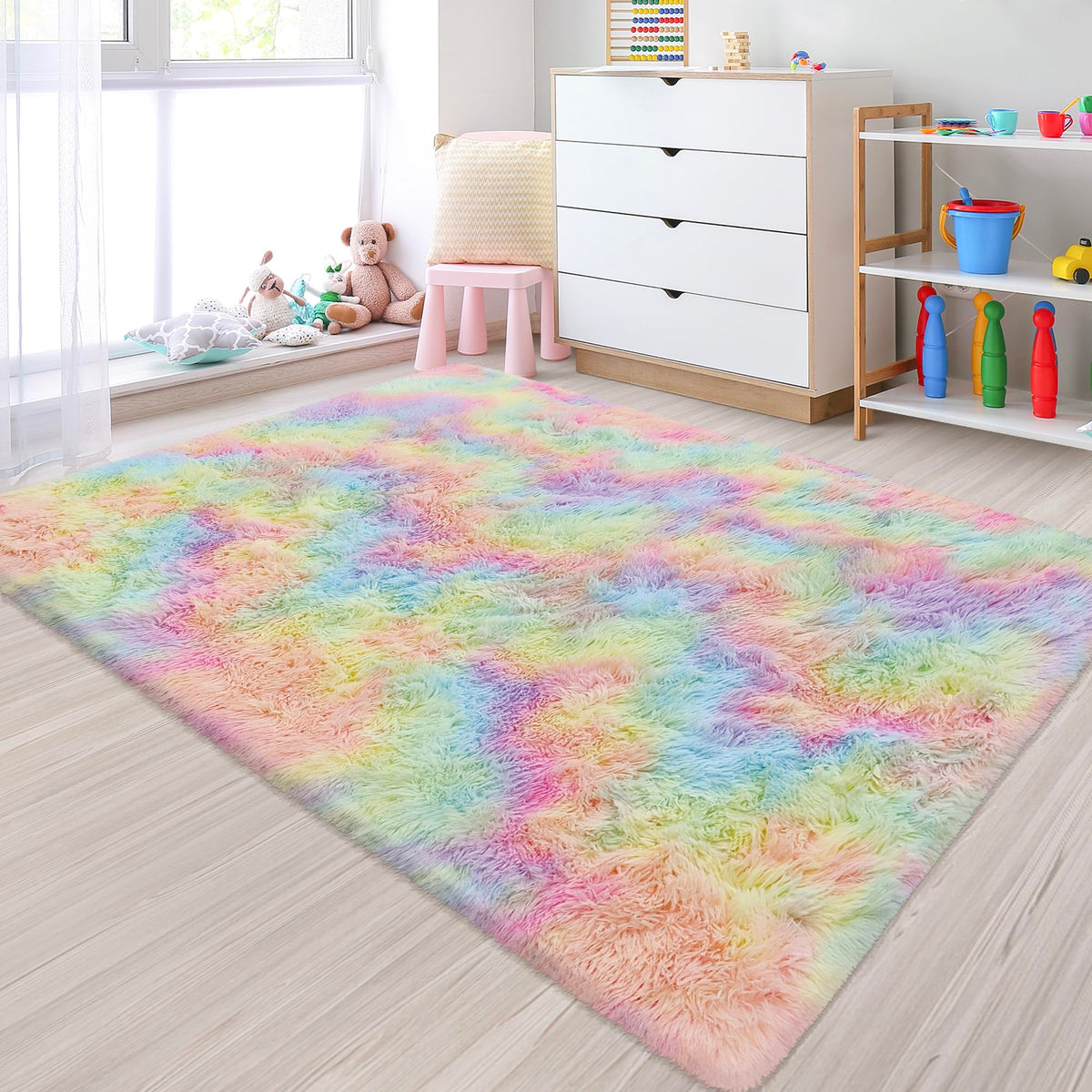 JiaoBaba Rainbow Tie-Dye Fluffy Area Rug for Kids
