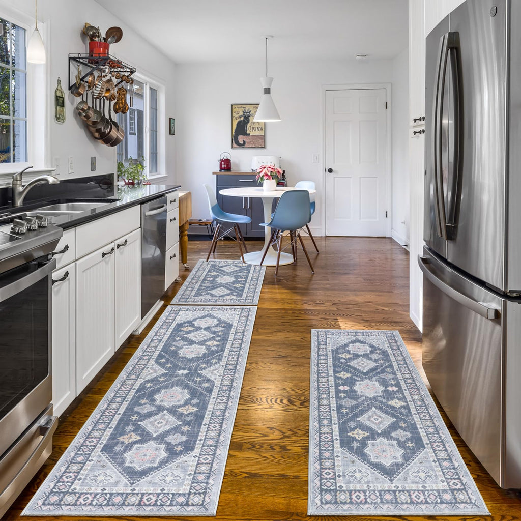 HEBE Boho Non-Slip Washable Kitchen Rugs, 3-Piece Set