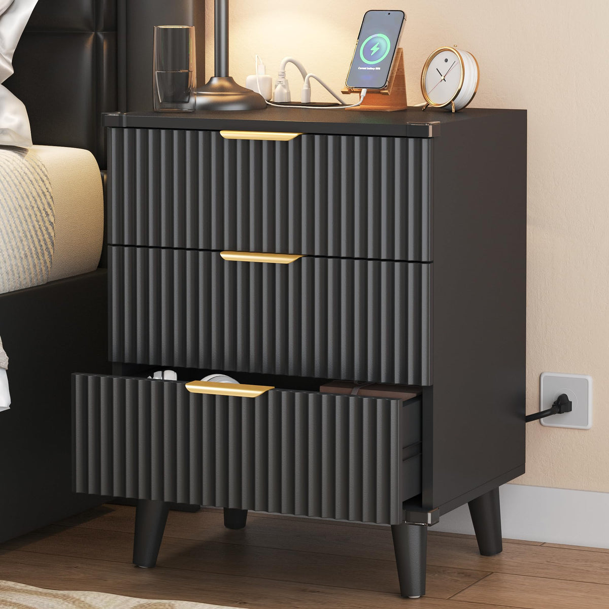 Lulive Wood Black Dresser for Bedroom Fluted Modern Chest of Drawers Storage Organizer