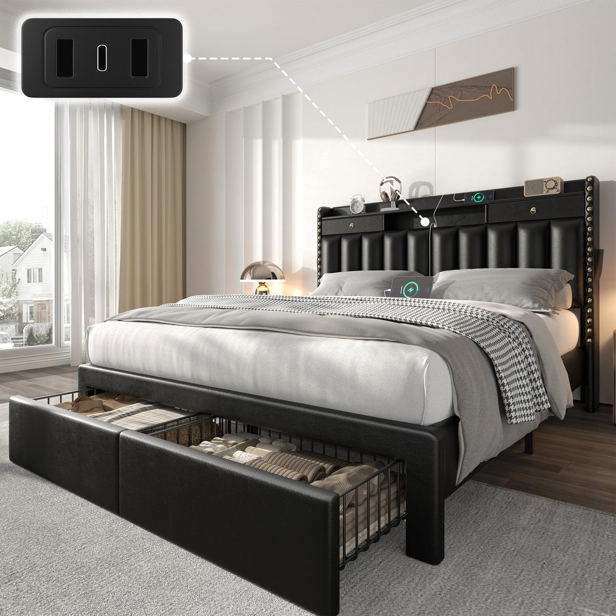 CypBed Bed Frame with 2 Tier Storage Headboard, Upholstered King Bed Frame with 4-Storage Drawers, 3 USB & Type-C Charging Ports, Solid Wood Slats, No Box Spring Needed, Noise-Free,