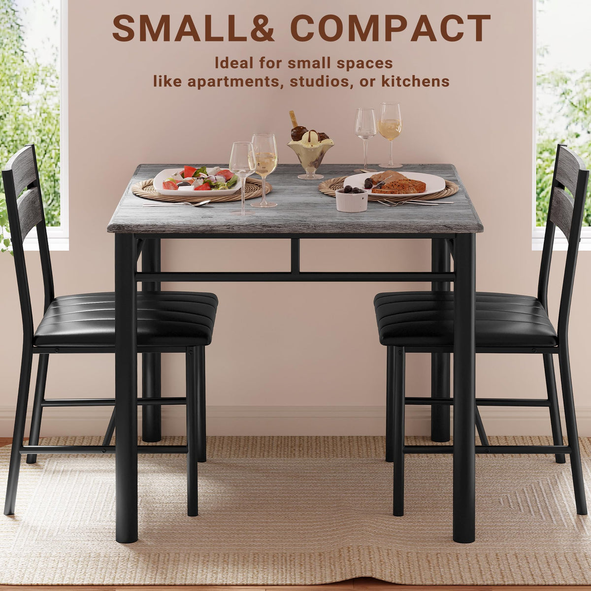 IRONCK Dining Table Set for 2, Small Kitchen Table with Upholstered Chairs Dinning Table Set for Kitchen & Dining Room, Compact Dining Set for Small Spaces