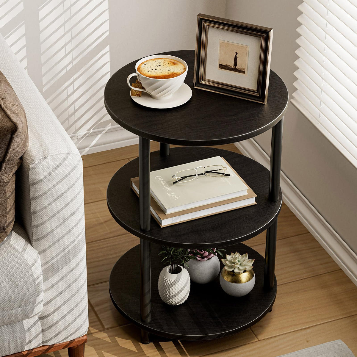 XBurmo Small Round End Table - 3 Tier Design Accent Table, Narrow Side or Bedside Stand, Industrial Vintage Nightstand for Bedroom, Living Room, or Small Spaces