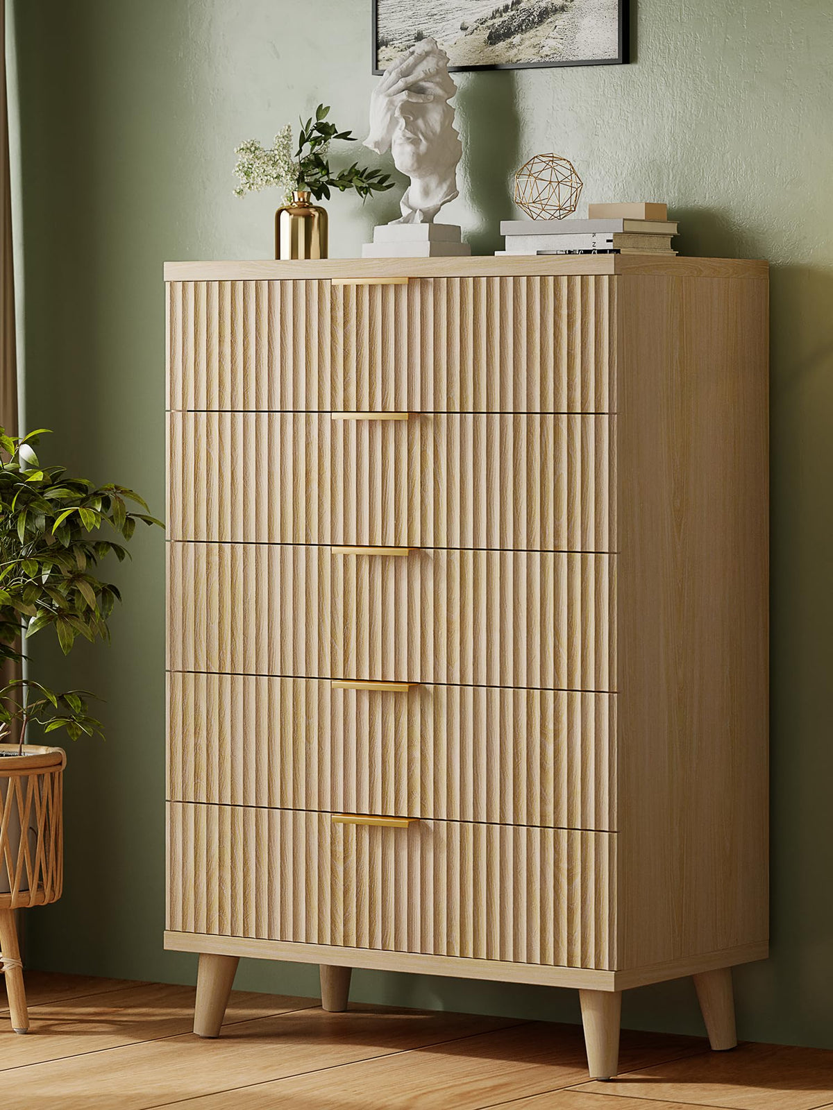 Lulive Wood Black Dresser for Bedroom Fluted Modern Chest of Drawers Storage Organizer