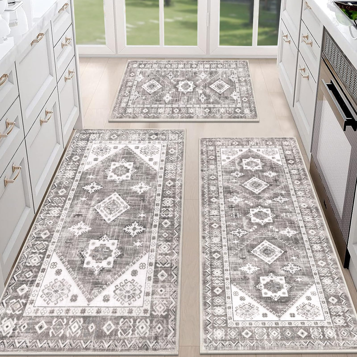 HEBE Boho Non-Slip Washable Kitchen Rugs, 3-Piece Set