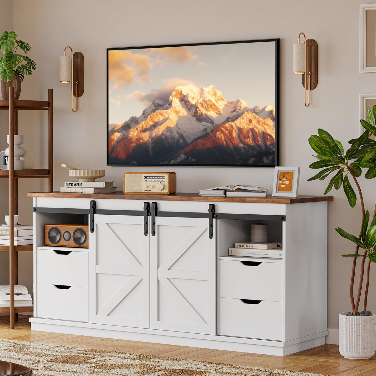 YESHOMY Farmhouse TV Stand for Televisions up to 65 Inch, Wood Entertainment Center with Sliding Barn Doors and 4 Storage Drawers, 58’’ Media Console Cabinet with Shelves for Living Room