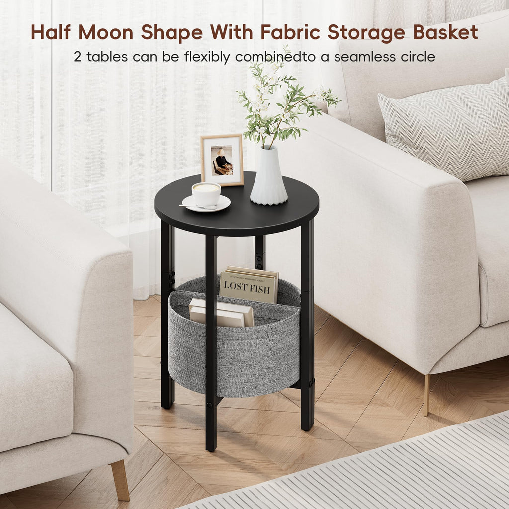 VAGUSICC Side Table, Small Round End Table with Fabric Basket, Set of 2 Half Round Side Table Half Moon Tables, Round Accent Coffee Table, Tea Sofa Table Nightstand for Living Room Bedroom Small Space