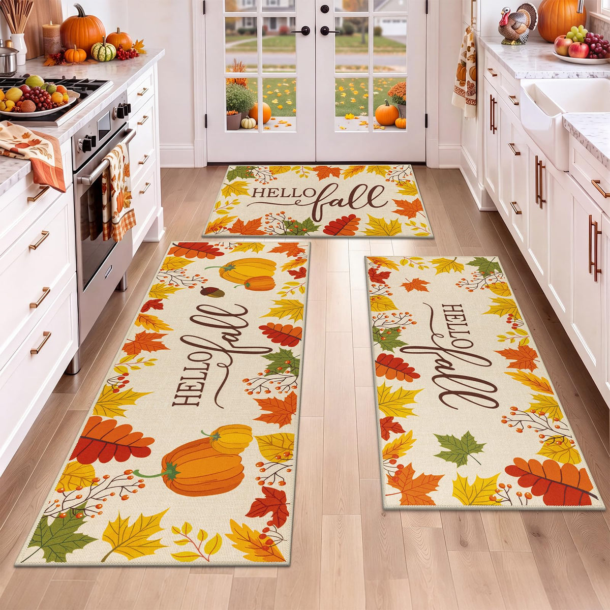 HEBE Boho Non-Slip Washable Kitchen Rugs, 3-Piece Set