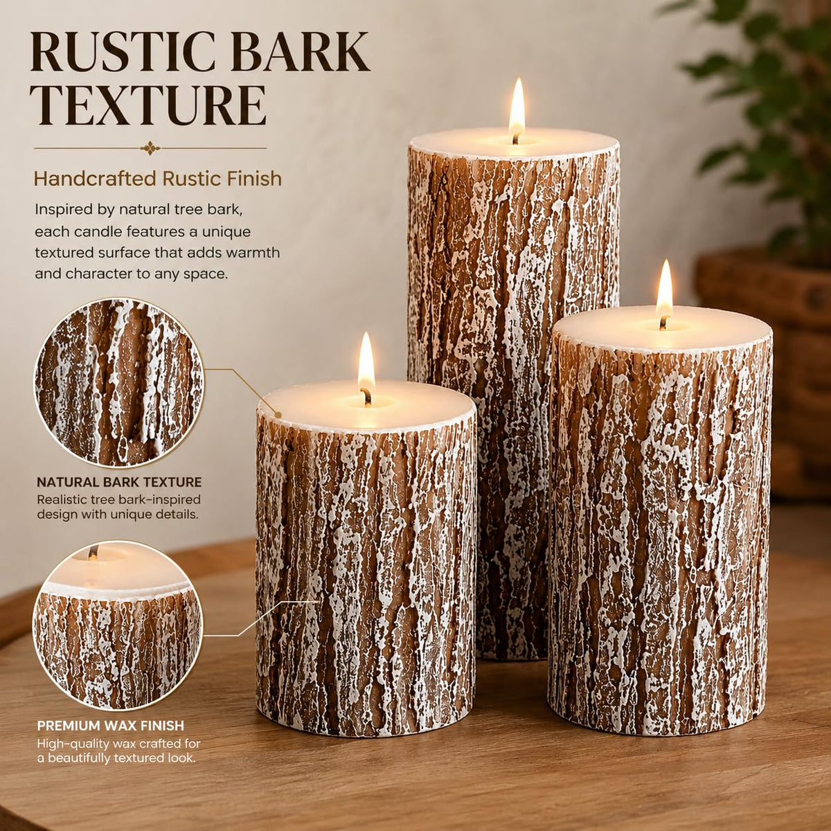 MOSROAD Rustic Pine Tree Pillar Candle Set of 3, Unscented Home Decor