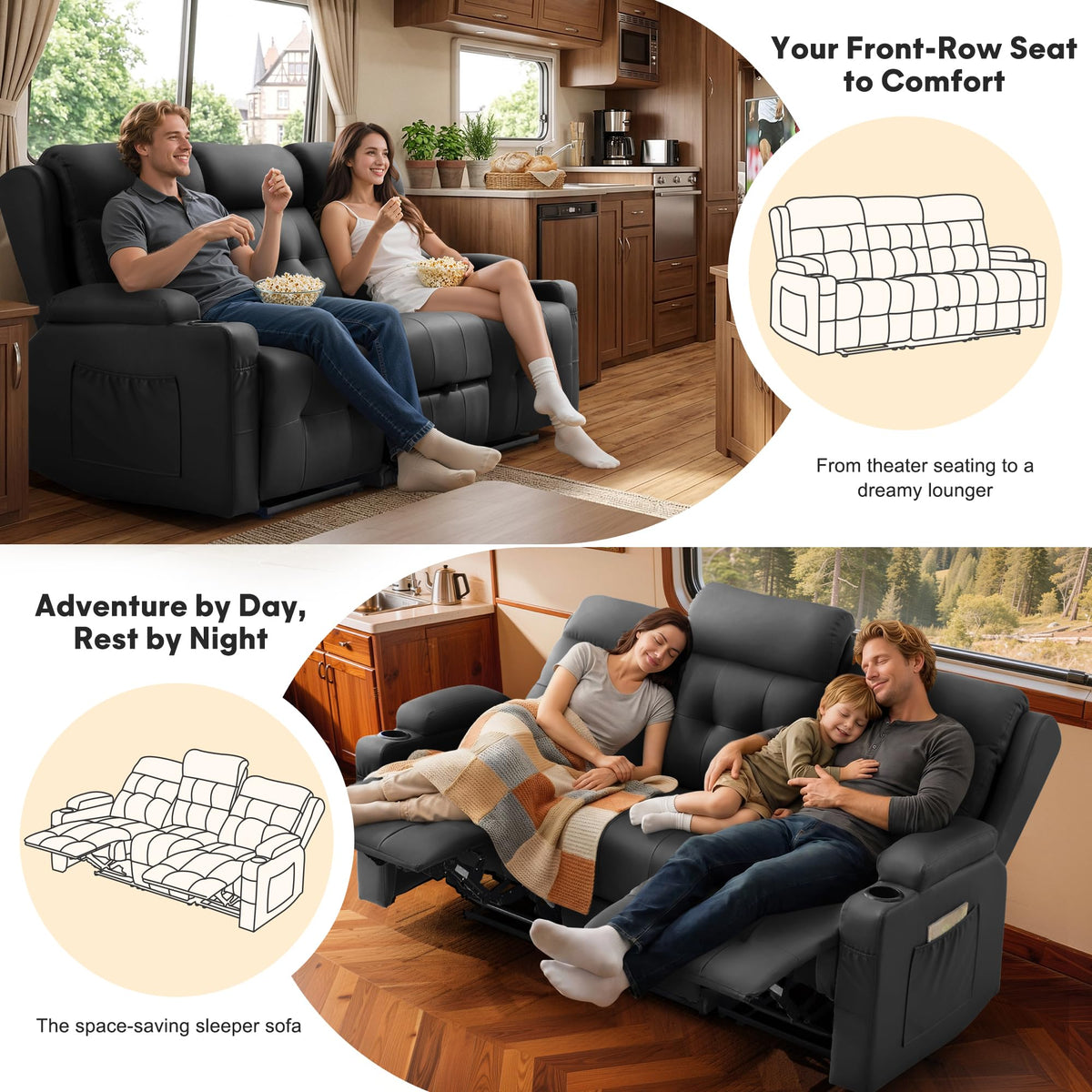 Korser 3-Seater Loveseat Recliner Sofa, Manual Recliner Chair with Flip Back Console, Cup Holder & USB, Home Theater Seating for Family Party, PU Leather