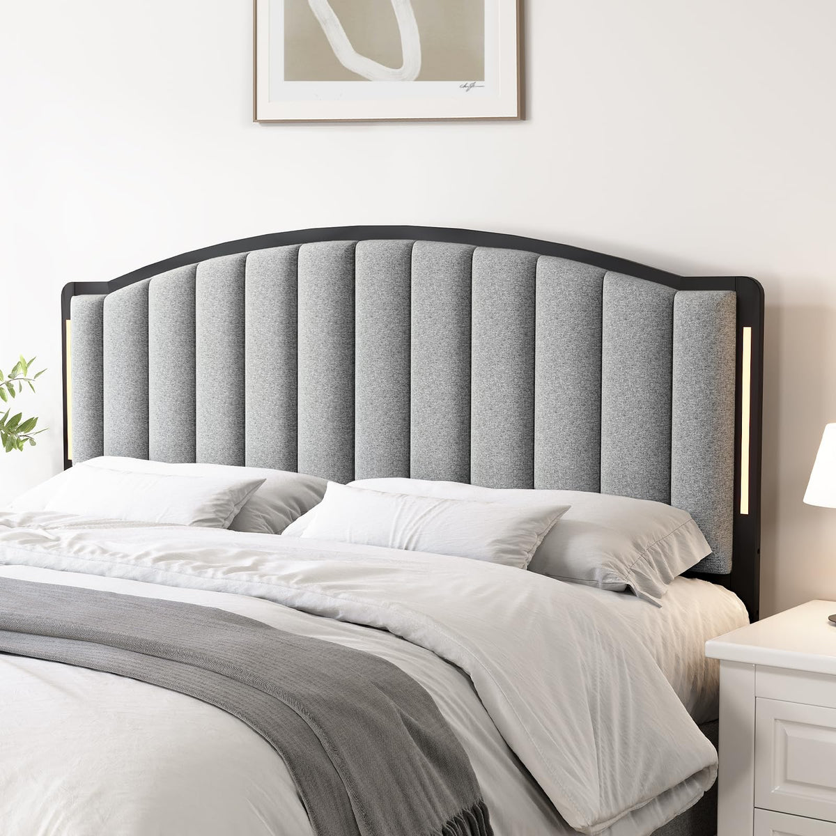 Salamir Headboard for Bed with LED Lights, Upholstered Vertical Channel Tufting Head Boards, Linen Fabric Bed Headboard Only, Study & Comfortable, Ideal for Bedroom, Dorm, Guest Room, Grey