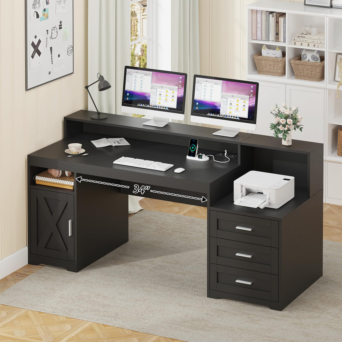 TVU Farmhouse Computer Desk with Drawers, 65'' Home Office Desk with Power Outlets, Storage Cabinet and Printer Stand, Study Writing Desks with Long Monitor Stand, White