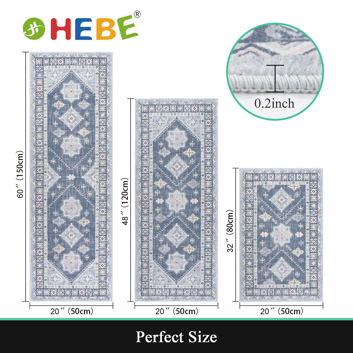 HEBE Boho Non-Slip Washable Kitchen Rugs, 3-Piece Set