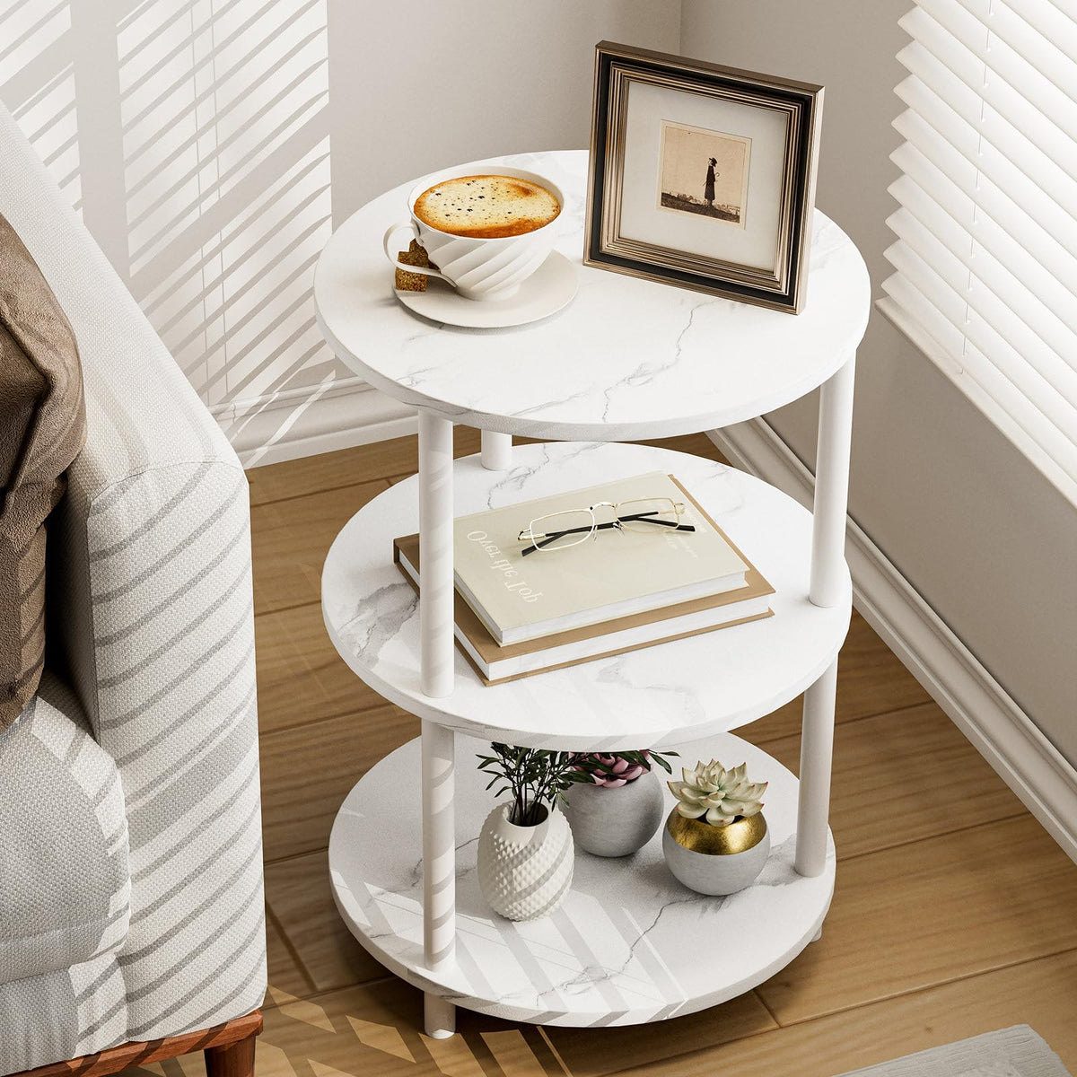 XBurmo Small Round End Table - 3 Tier Design Accent Table, Narrow Side or Bedside Stand, Industrial Vintage Nightstand for Bedroom, Living Room, or Small Spaces