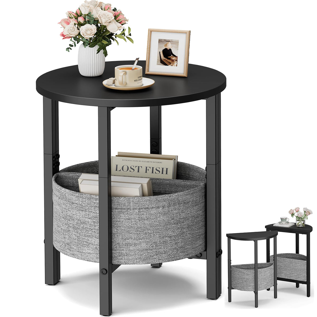 VAGUSICC Side Table, Small Round End Table with Fabric Basket, Set of 2 Half Round Side Table Half Moon Tables, Round Accent Coffee Table, Tea Sofa Table Nightstand for Living Room Bedroom Small Space