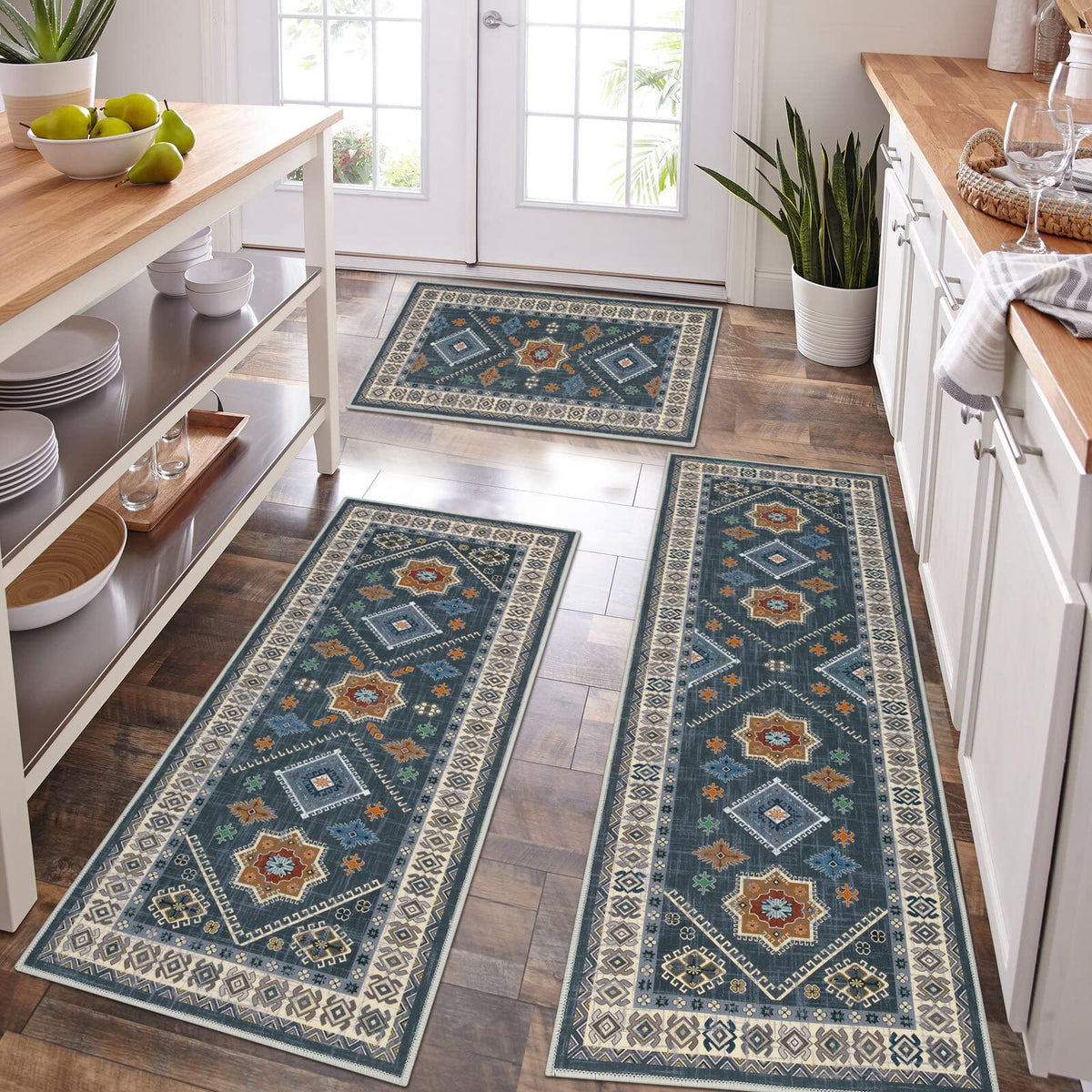 HEBE Boho Non-Slip Washable Kitchen Rugs, 3-Piece Set