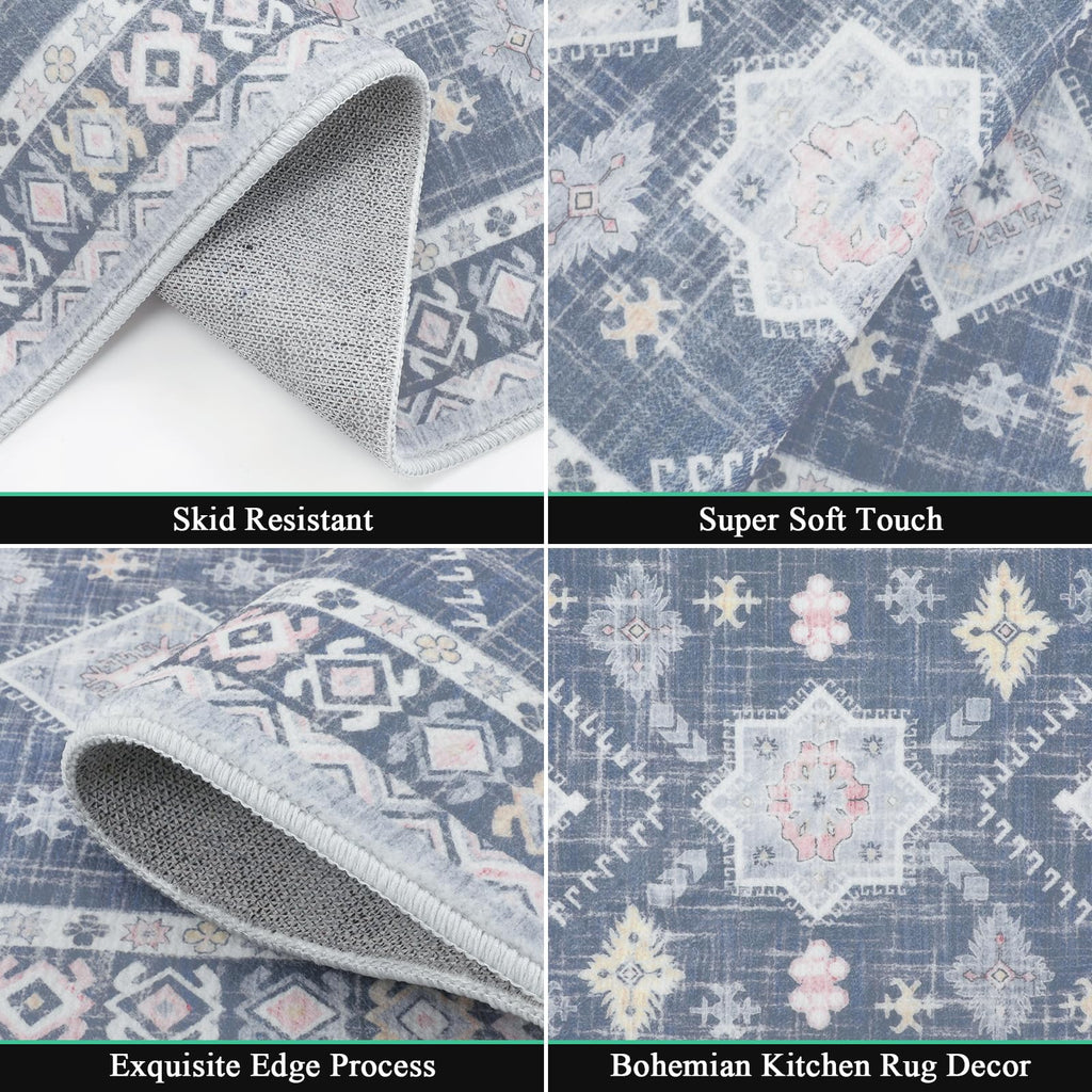 HEBE Boho Non-Slip Washable Kitchen Rugs, 3-Piece Set