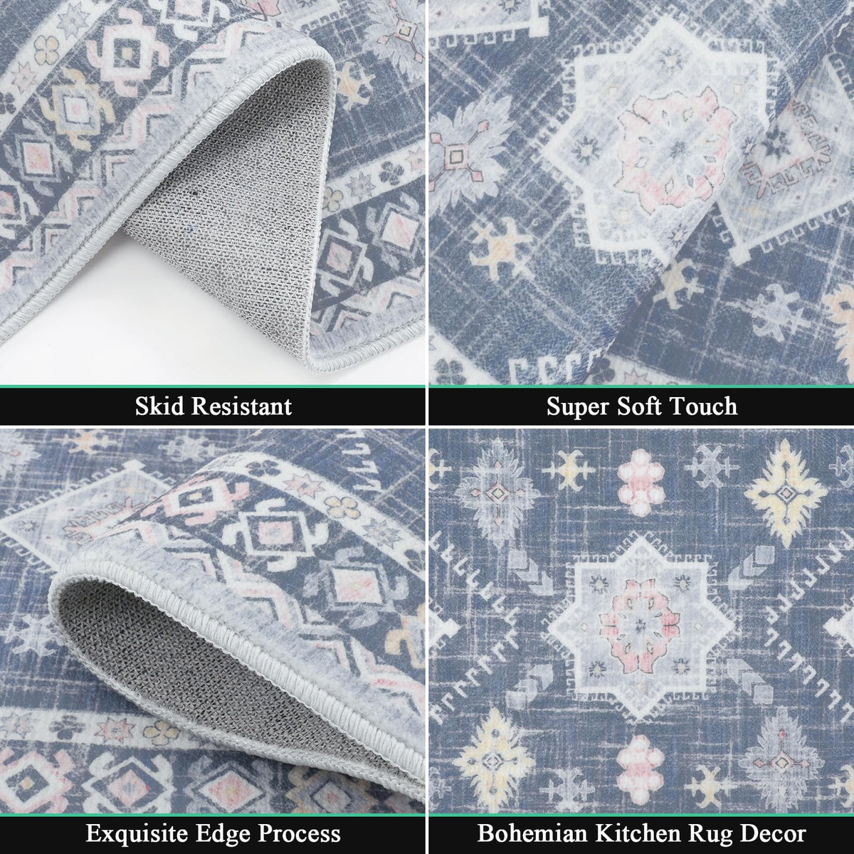 HEBE Boho Non-Slip Washable Kitchen Rugs, 3-Piece Set