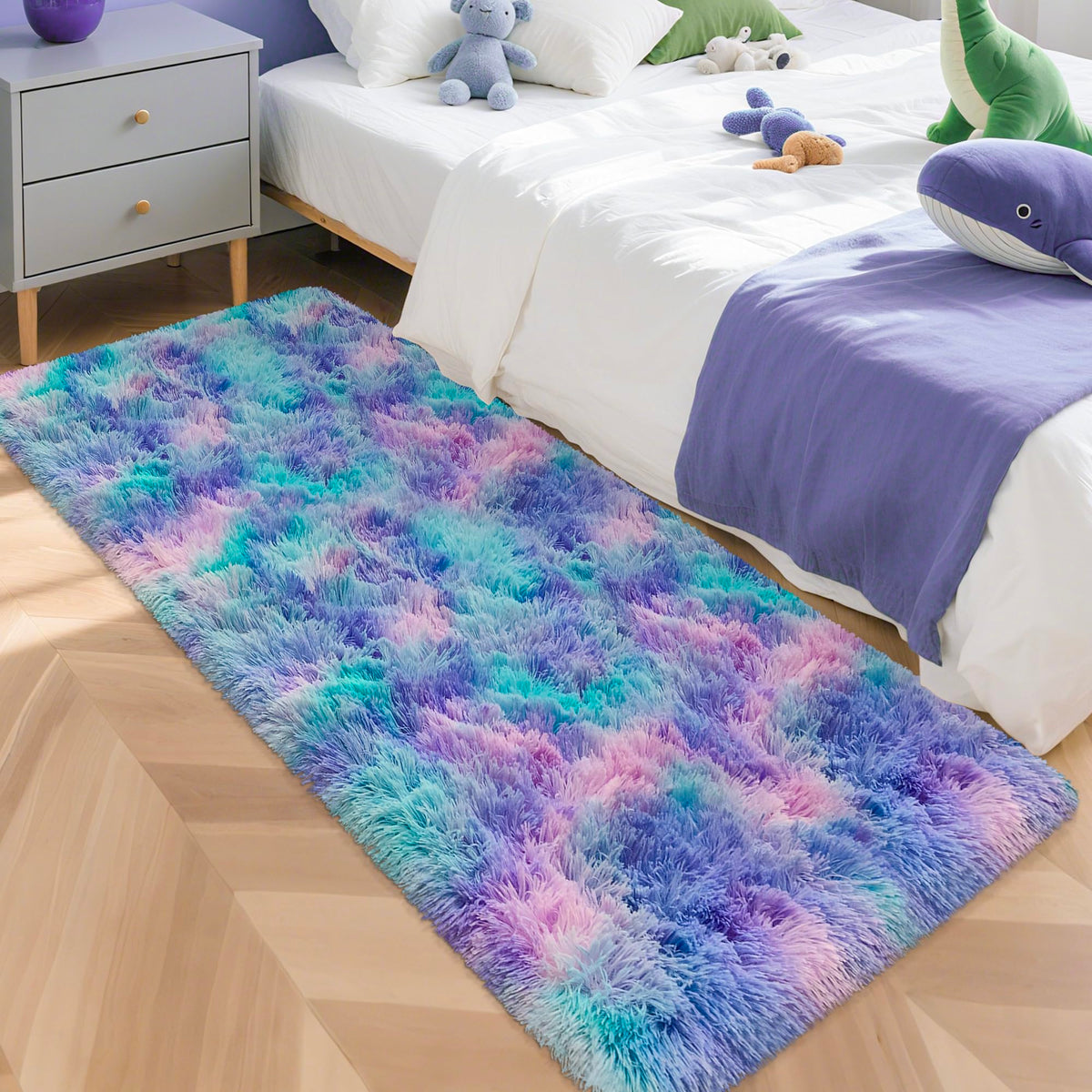 JiaoBaba Rainbow Tie-Dye Fluffy Area Rug for Kids