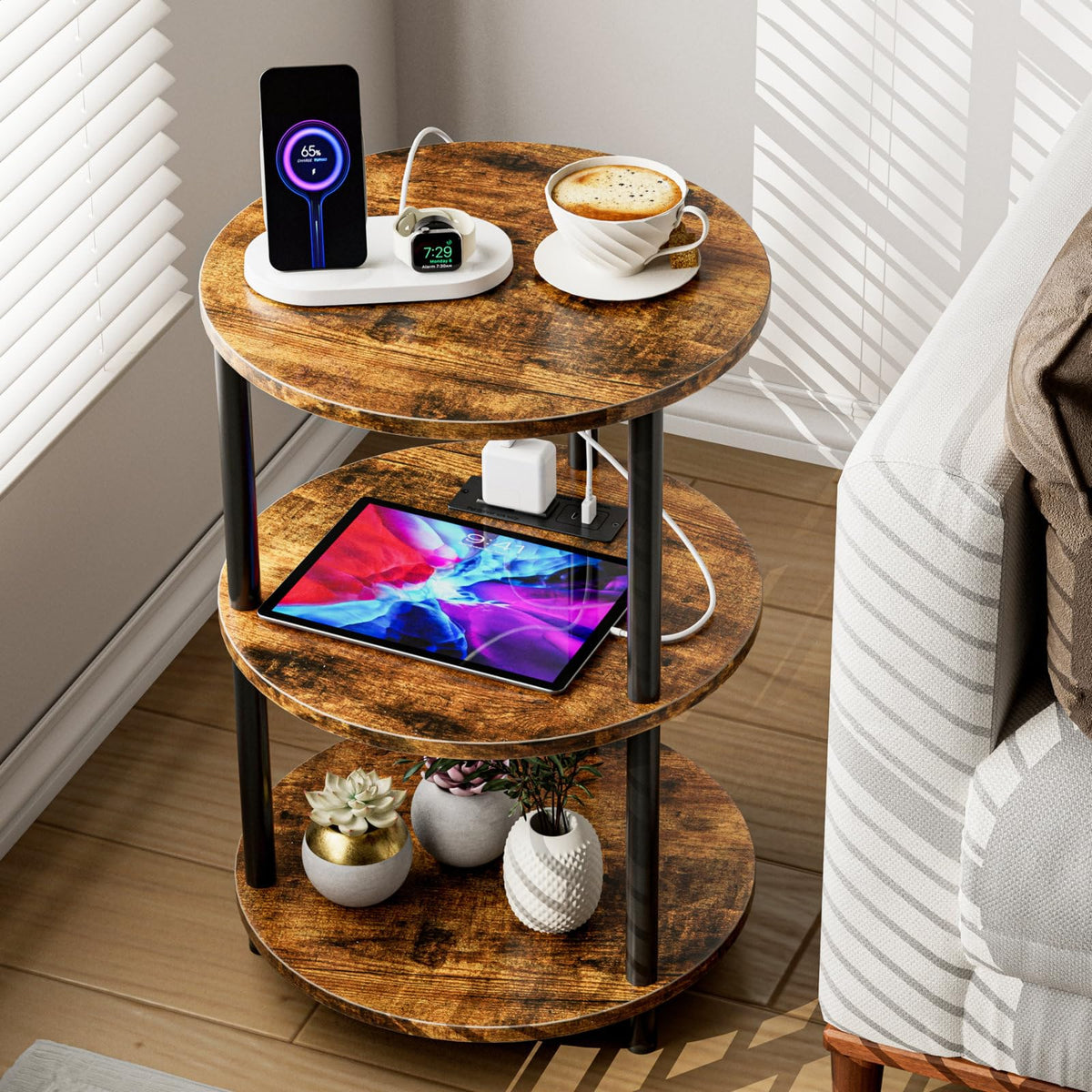 XBurmo Small Round End Table - 3 Tier Design Accent Table, Narrow Side or Bedside Stand, Industrial Vintage Nightstand for Bedroom, Living Room, or Small Spaces
