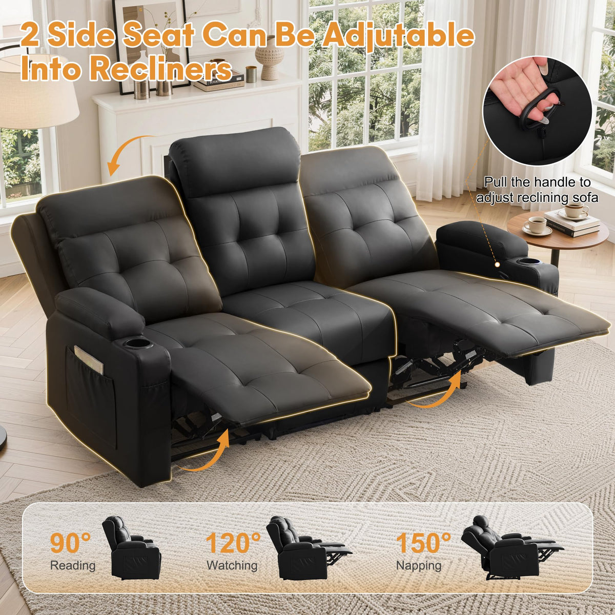 Korser 3-Seater Loveseat Recliner Sofa, Manual Recliner Chair with Flip Back Console, Cup Holder & USB, Home Theater Seating for Family Party, PU Leather