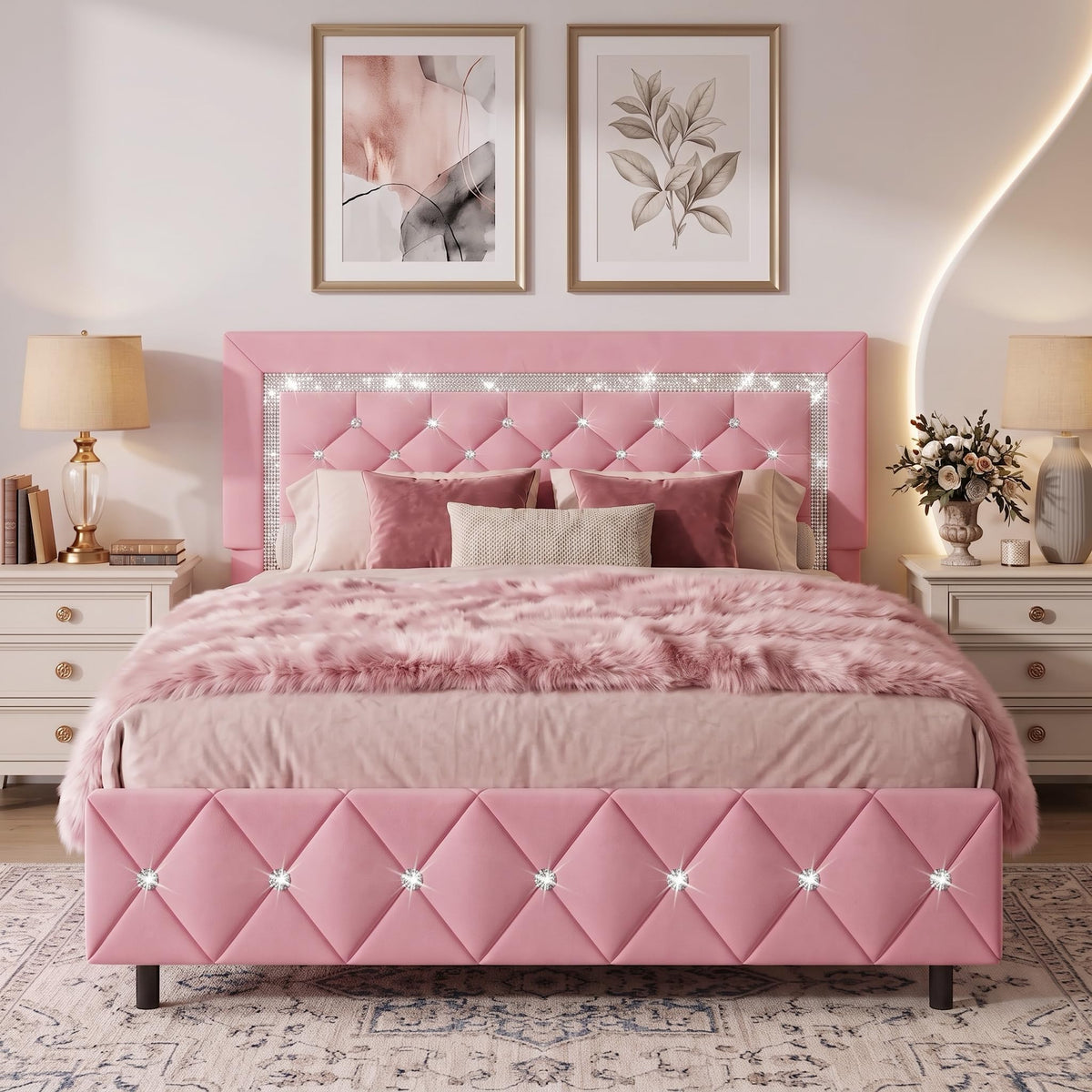 HOMBCK Bed Frame with Diamond Headboard, Faux Leather Upholstered Platform Bed, Mattress Foundation, No Box Spring Needed, Easy Assembly