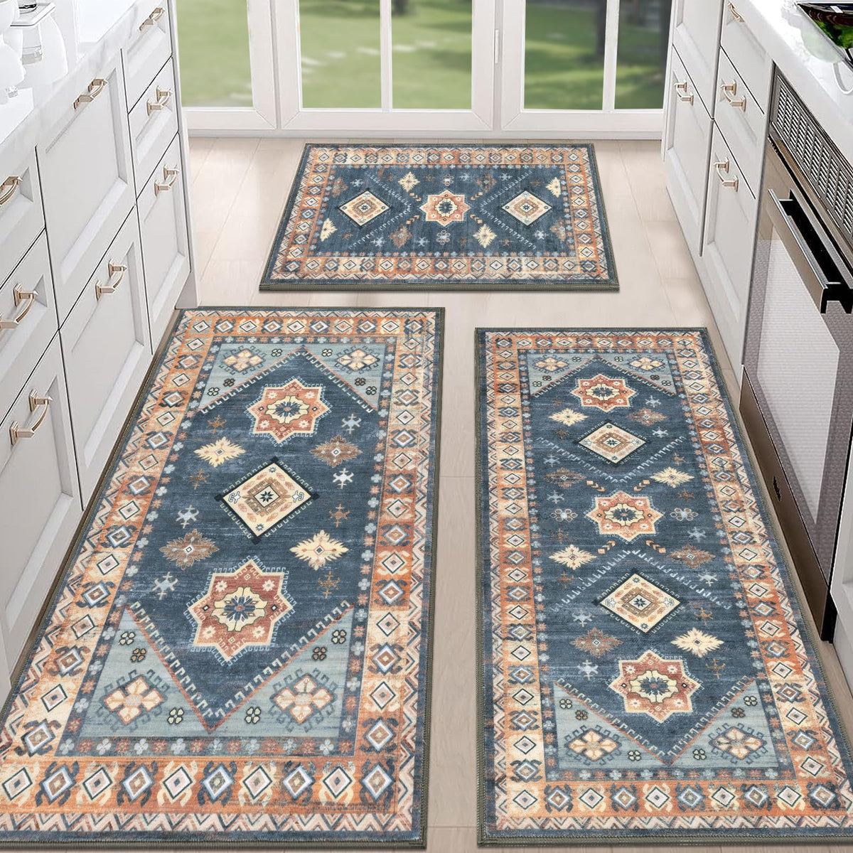 HEBE Boho Non-Slip Washable Kitchen Rugs, 3-Piece Set