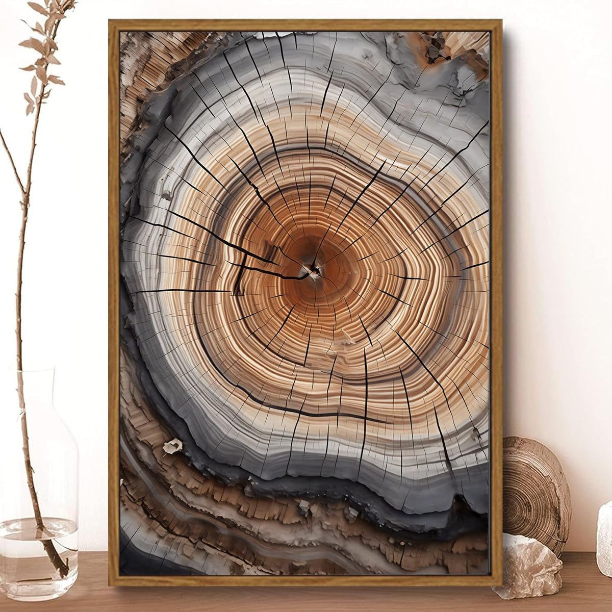 IBHJSART Framed Tree Ring Canvas Wall Art Abstract Colorful Wood Stump Decor Painting Prints Modern Minimalist Pictures Neutral Nature Rustic Farmhouse Living Room Bedroom Bathroom Office